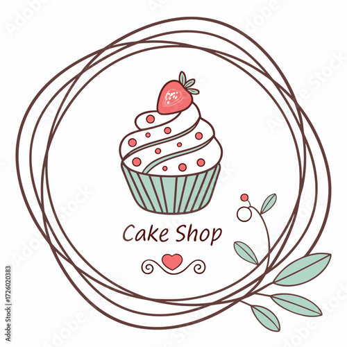 Cake shop bakery logo design with cupcake and strawberry for sweet desserts and pastry business branding