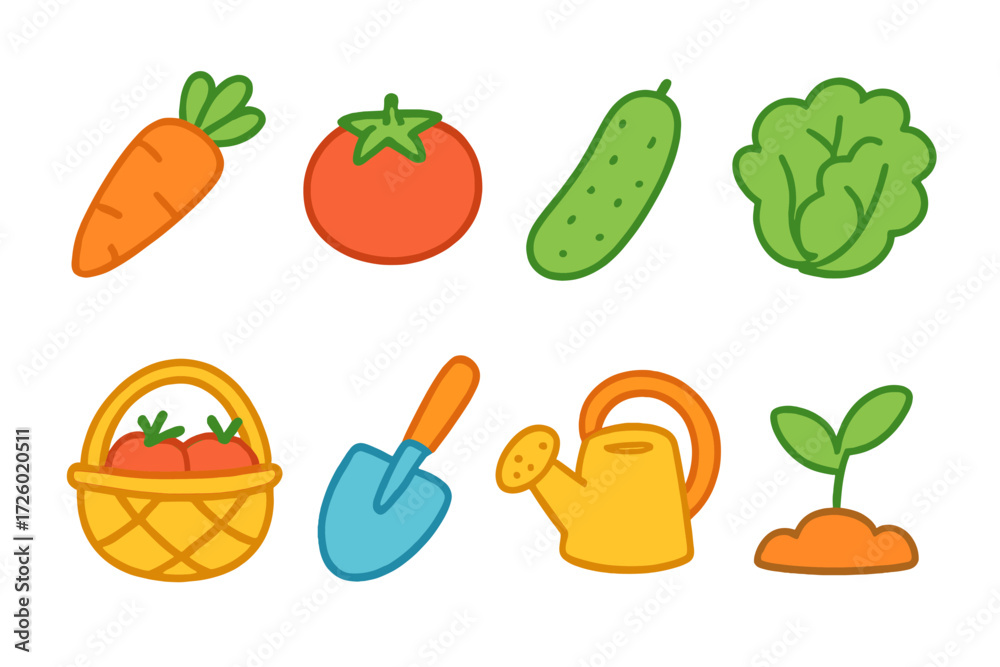 custom made wallpaper toronto digitalColorful garden icons: vegetables and tools on gradient background