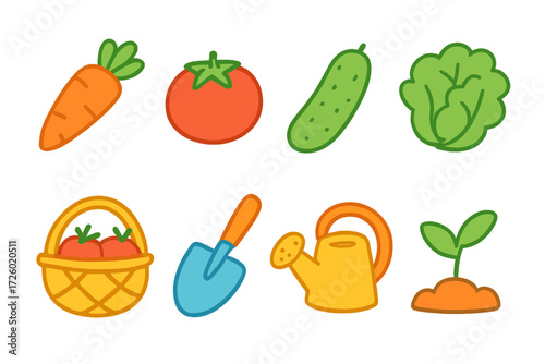 Colorful garden icons: vegetables and tools on gradient background