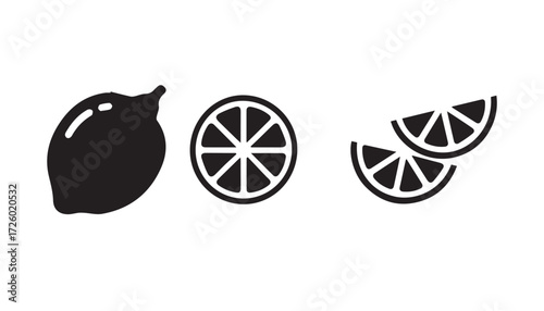 Simple black and white icons of a lemon and slices