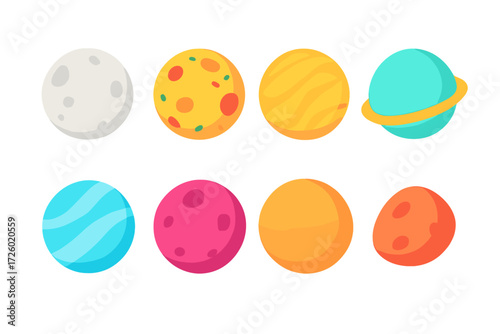 Brightly colored glowing planet icons on textured background