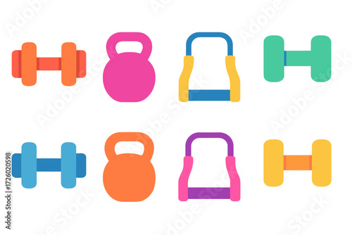 Colorful neon fitness equipment on gradient background, vivid glowing gym icons