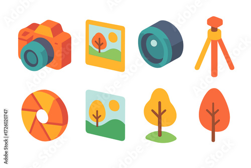 Vibrant isometric camera and photography icons set with bright neon glow