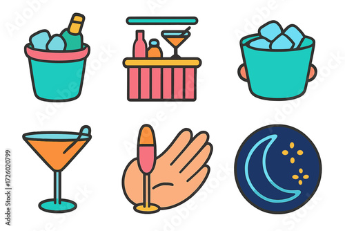 Colorful beverage and bar icons on gradient background