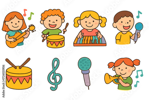 Colorful cartoon kids making music with instruments and notes