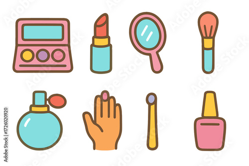 Colorful makeup essentials in doodle style on brown gradient background
