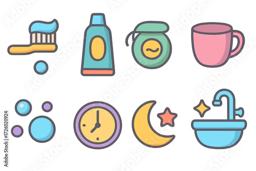 Colorful flat icons of daily hygiene and bedtime routine essentials on gradient background