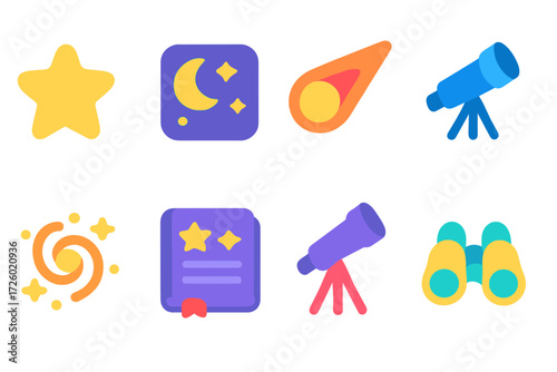 Glowing astronomy icons set: celestial bodies and telescopes on gradient background