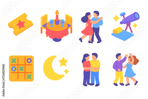 Romantic date night set: isometric activities and icons in neon glow