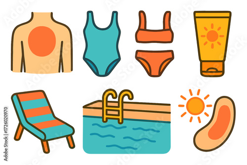 Summer essentials in flat design: swimsuits, sunscreen, pool, lounger, and sun imagery