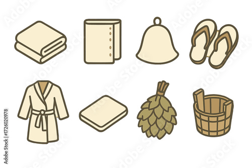 Sauna icons set with bathrobe, bucket, flip flops, hat, towel, and more