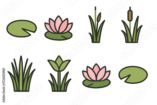 Linear nature icons: diverse aquatic plants on olive green background