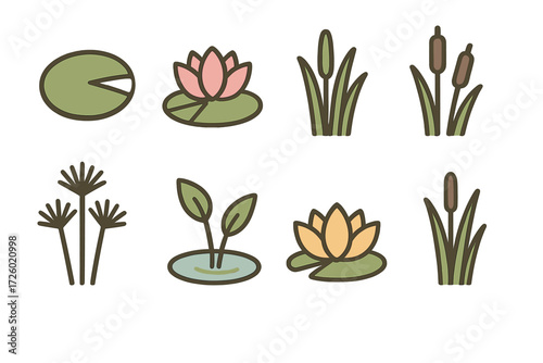 Nature icons: minimalist outline designs of lotus and reeds