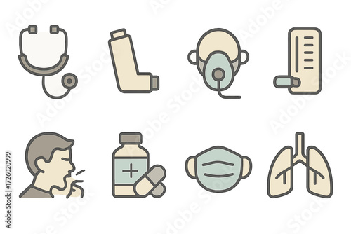 Linear medical equipment icons for breathing and respiratory health