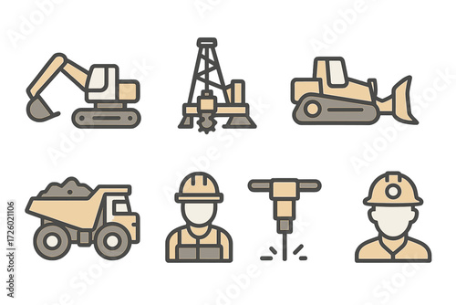 Heavy machinery and construction equipment icons in modern linear design