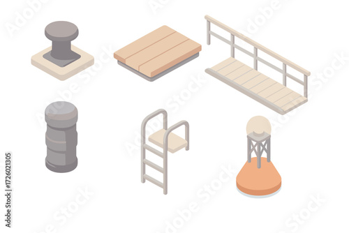 Isometric Port Infrastructure. Isometric vector illustration set Port Dock Infrastructure: bollard for mooring ropes, wooden dock