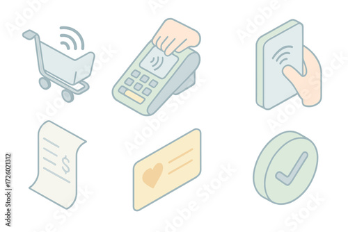 Contactless Shopping Icons. Isometric vector illustration set of contactless shopping icons: wireless shopping cart, NFC checkout,