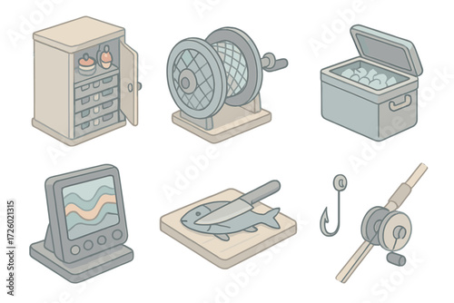 Fishing Boat Essentials. Isometric vector illustration set Fishing Boat Essentials: tackle cabinet, net reel mechanism, insulated