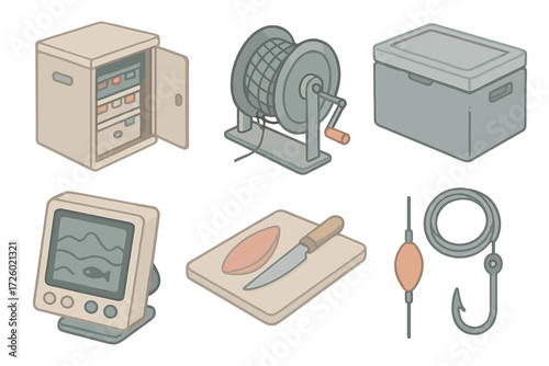 Fishing Boat Essentials. Isometric vector illustration set Fishing Boat Essentials: tackle cabinet, net reel mechanism, insulated