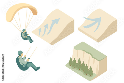 Ridge Soaring Paragliding. Isometric vector illustration set Ridge Soaring Paragliding: glider flying close to ridge, updraft