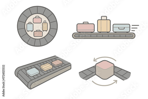 Luggage Carousel Scene. Isometric vector illustration set Luggage Carousel Viewpoints: top-down view of rotating belt, side