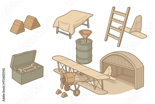 Vintage Hangar Equipment. Isometric vector illustration set Vintage Hangar Equipment: wooden chocks for wheels, canvas tarp on