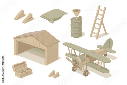 Vintage Hangar Equipment. Isometric vector illustration set Vintage Hangar Equipment: wooden chocks for wheels, canvas tarp on