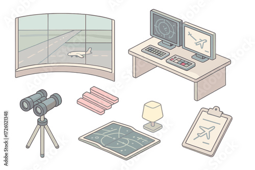 Aviation Control Tower Scene. Isometric vector illustration set Control Tower Environment: panoramic window view of runway, flight