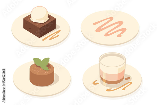 Elegant Dessert Designs. Isometric vector illustration set Plated Desserts Close-Up: plated brownie with ice cream, artistic sauce