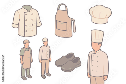 Professional Kitchen Uniforms. Isometric vector illustration set Professional Kitchen Uniforms: chef’s coat with folded sleeves,