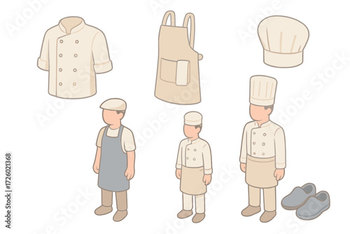 Professional Kitchen Uniforms. Isometric vector illustration set Professional Kitchen Uniforms: chef’s coat with folded sleeves,