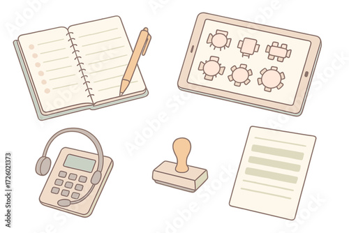 Restaurant Booking Tools. Isometric vector illustration set Restaurant Reservation Tools: open reservation book with time slots,
