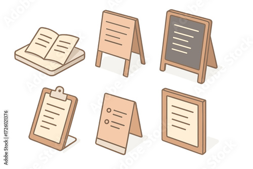 Isometric Menu Icons. Isometric vector illustration set Restaurant Menu Elements: folded menu card on table, daily specials board