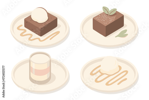 Elegant Dessert Designs. Isometric vector illustration set Plated Desserts Close-Up: plated brownie with ice cream, artistic sauce