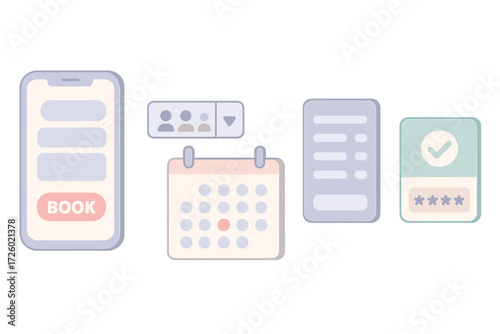 Online Booking Interface. Isometric vector illustration set Online Booking Interface: smartphone with booking app, dropdown with