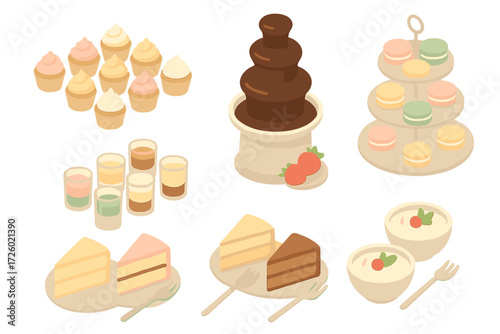 Dessert Buffet Icons. Isometric vector illustration set Dessert Buffet Items: mini cupcakes in rows, dessert shooter glasses,