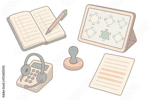 Restaurant Booking Tools. Isometric vector illustration set Restaurant Reservation Tools: open reservation book with time slots,