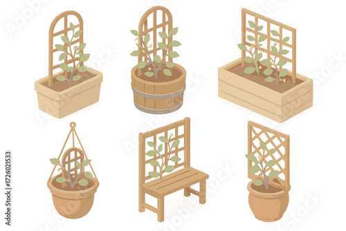 Trellis Garden Icons. Isometric vector illustration set Trellis and Container Garden Pairings: vine growing from planter with