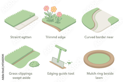 Lawn Edging Illustrations. Isometric vector illustration set Lawn Edging and Borders: clean grass line along sidewalk, trimmed