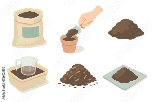 Potting Soil Essentials. Isometric vector illustration set Potting Soil Essentials: open bag of potting mix, hand scooping soil