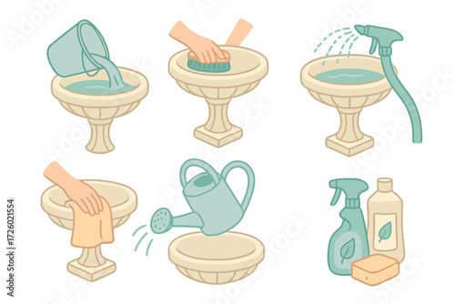 Birdbath Cleaning Steps. Isometric vector illustration set Birdbath Cleaning Process: emptying old water with bucket, scrubbing