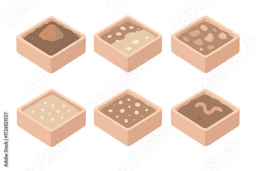 Soil Types Icons. Isometric vector illustration set Soil Types for Growth: loamy mix with compost, cactus soil with sand blend,