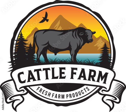 Cattle farmhouse logo, landscape animal farm logo, bull farm logo