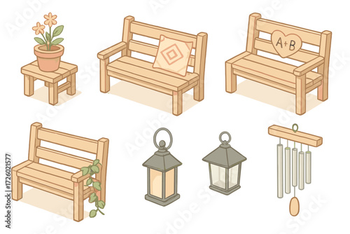Decorative Bench Elements. Isometric vector illustration set Decorative Elements on Benches: flower pot on seat edge, decorative