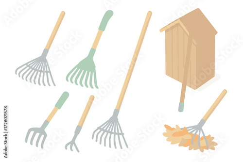 Garden Rakes Illustrations. Isometric vector illustration set Garden Rakes and Tools: wide leaf rake with metal tines, plastic
