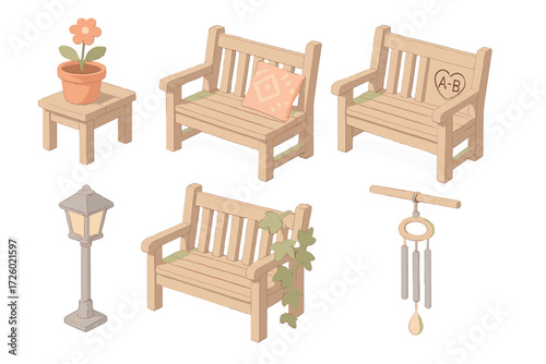 Decorative Bench Elements. Isometric vector illustration set Decorative Elements on Benches: flower pot on seat edge, decorative