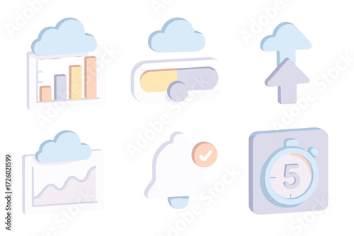 Cloud Storage Icons. Isometric vector illustration set Cloud storage service features: pricing tier graph, storage meter bar, plan