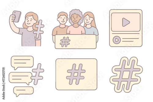 Hashtag Social Media Icons. Isometric vector illustration set User-generated hashtag content: selfie with hashtag, group photo