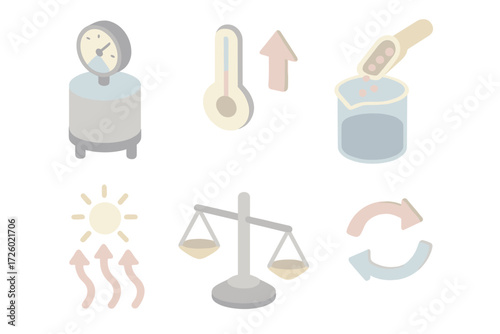 Chemistry Reaction Icons. Isometric vector illustration set Physical chemistry reaction: reaction chamber with pressure gauge,