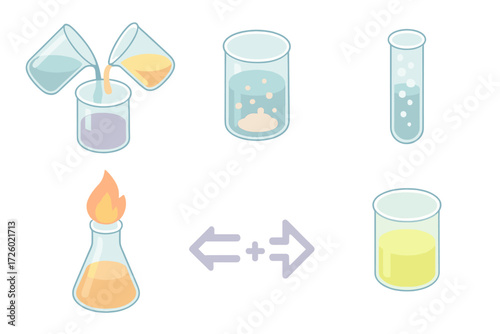 Chemical Reaction Icons. Isometric vector illustration set Chemical reaction process: mixing two beakers with color change,